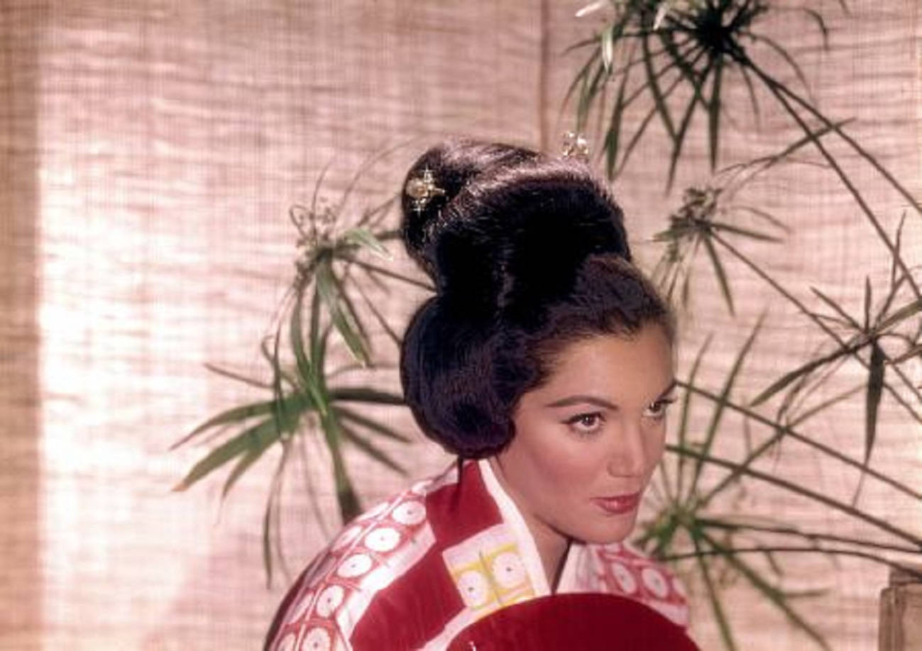 美國女演員康妮·弗朗西斯1962年和服肖像 壁紙 — 一位身穿傳統日本和服、帶有複雜紅白圖案的女人，在竹子旁邊若有所思地凝視。