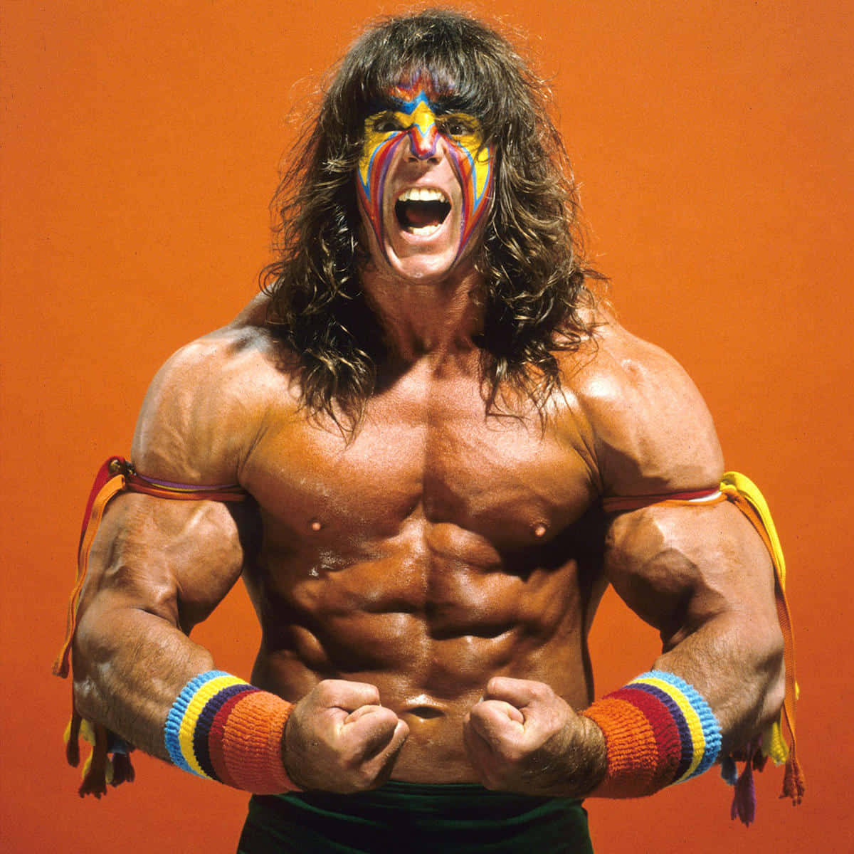 美國專業摔角手 Ultimate Warrior WWE 照片 壁紙 — 一個肌肉發達的摔角手，臉上塗滿色彩繽紛的顏料，戴著彩虹臂章，在純橙色背景前咆哮。