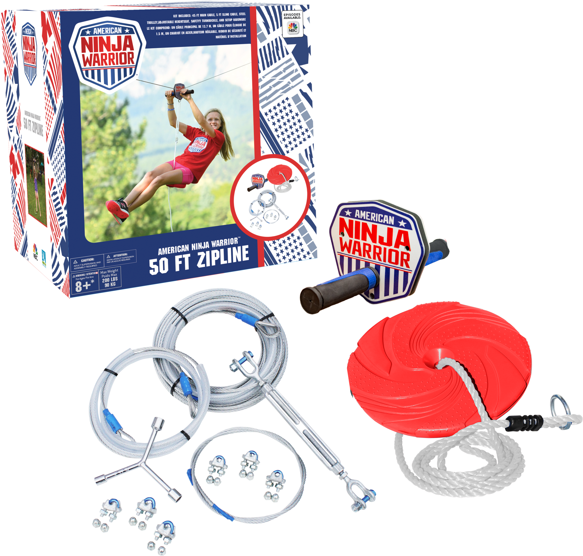 美國忍者勇士繩索滑行套裝 壁紙 — American Ninja Warrior 50呎滑索套件，在黑色背景上展示各組件。