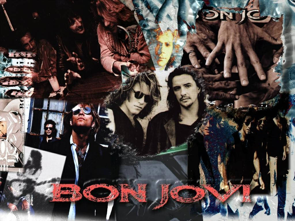Bon Jovi 樂隊拼貼畫，帶有撕裂邊緣和紅色文字。