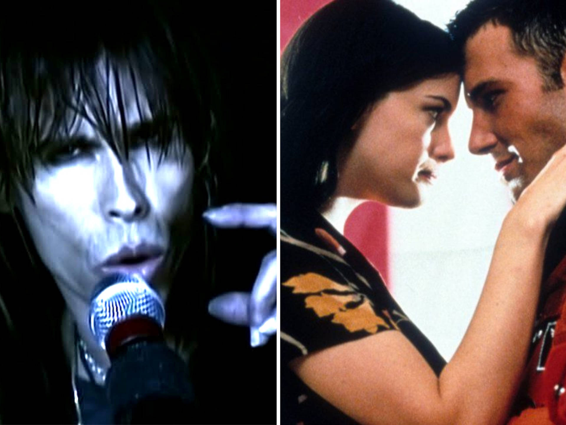 美國搖滾樂隊Aerosmith《I Don't Want To Miss A Thing》 壁紙 — 分割圖片：左側顯示一位臉色蒼白、深色頭髮的歌手在戲劇性燈光下對著麥克風唱歌，右側顯示一對情侶緊密擁抱，額頭相觸。