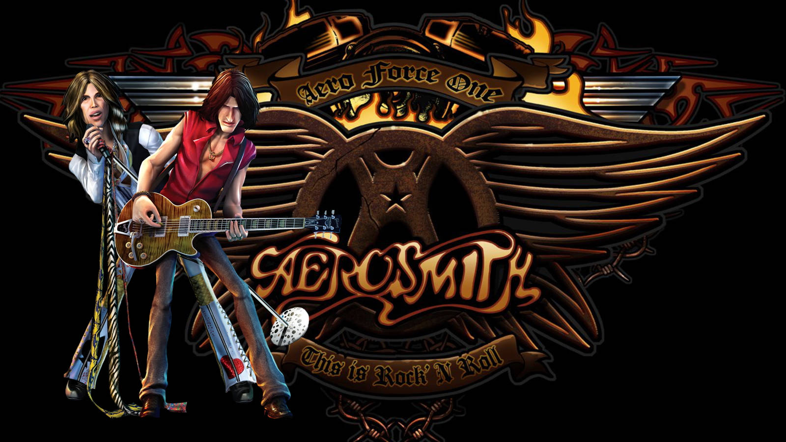 美國搖滾樂隊Aerosmith傳奇雙主唱Steven Tyler與Joe Perry及樂隊標誌 壁紙 — 兩位搖滾音樂家手持結他和咪高峰，站在帶有翅膀和星星的火焰Aerosmith標誌前。