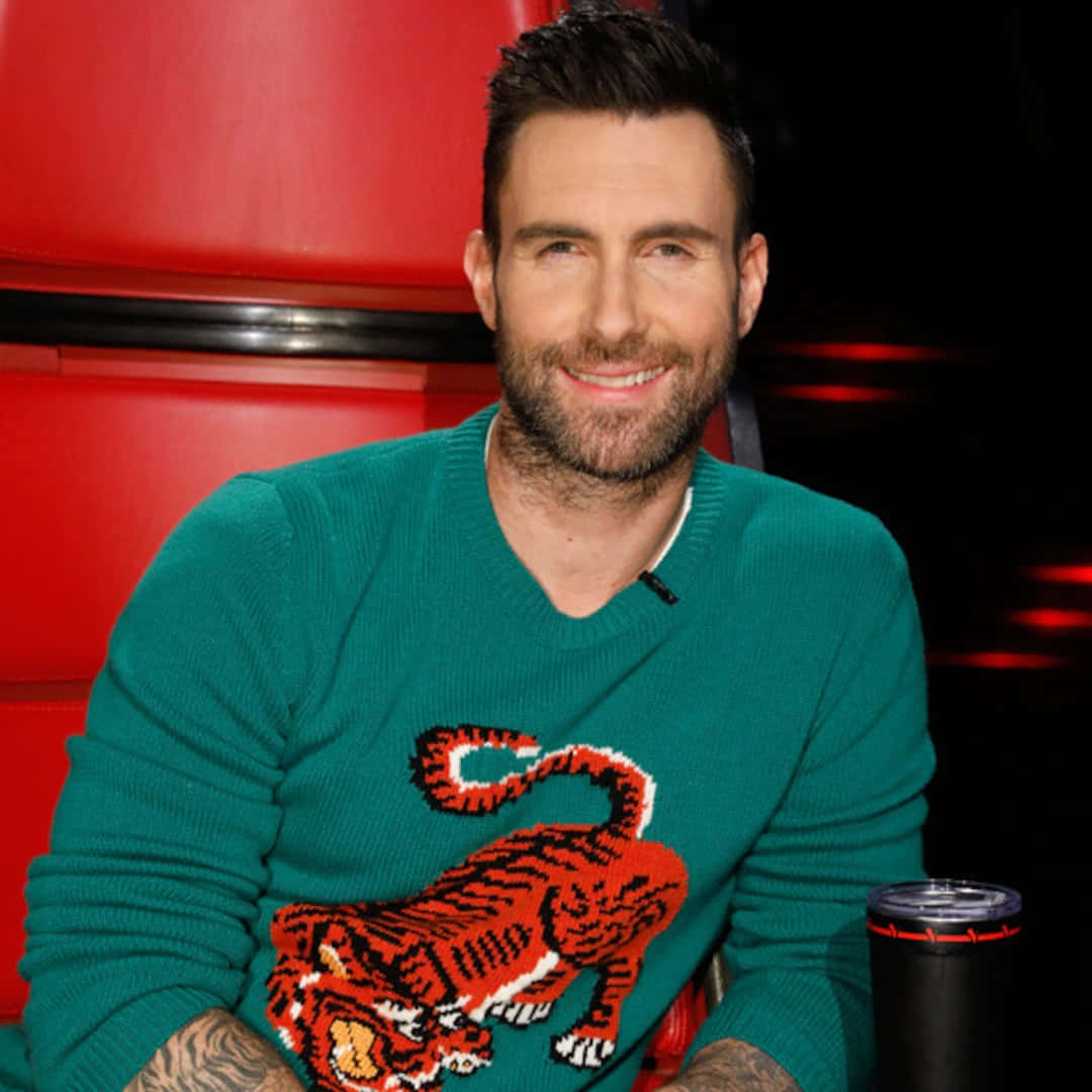 美國搖滾樂隊Maroon 5主唱亞當·萊文 壁紙 — Adam Levine 穿著一件帶有醒目紅色老虎圖案的青綠色毛衣，坐在紅色椅子上，溫暖地微笑。