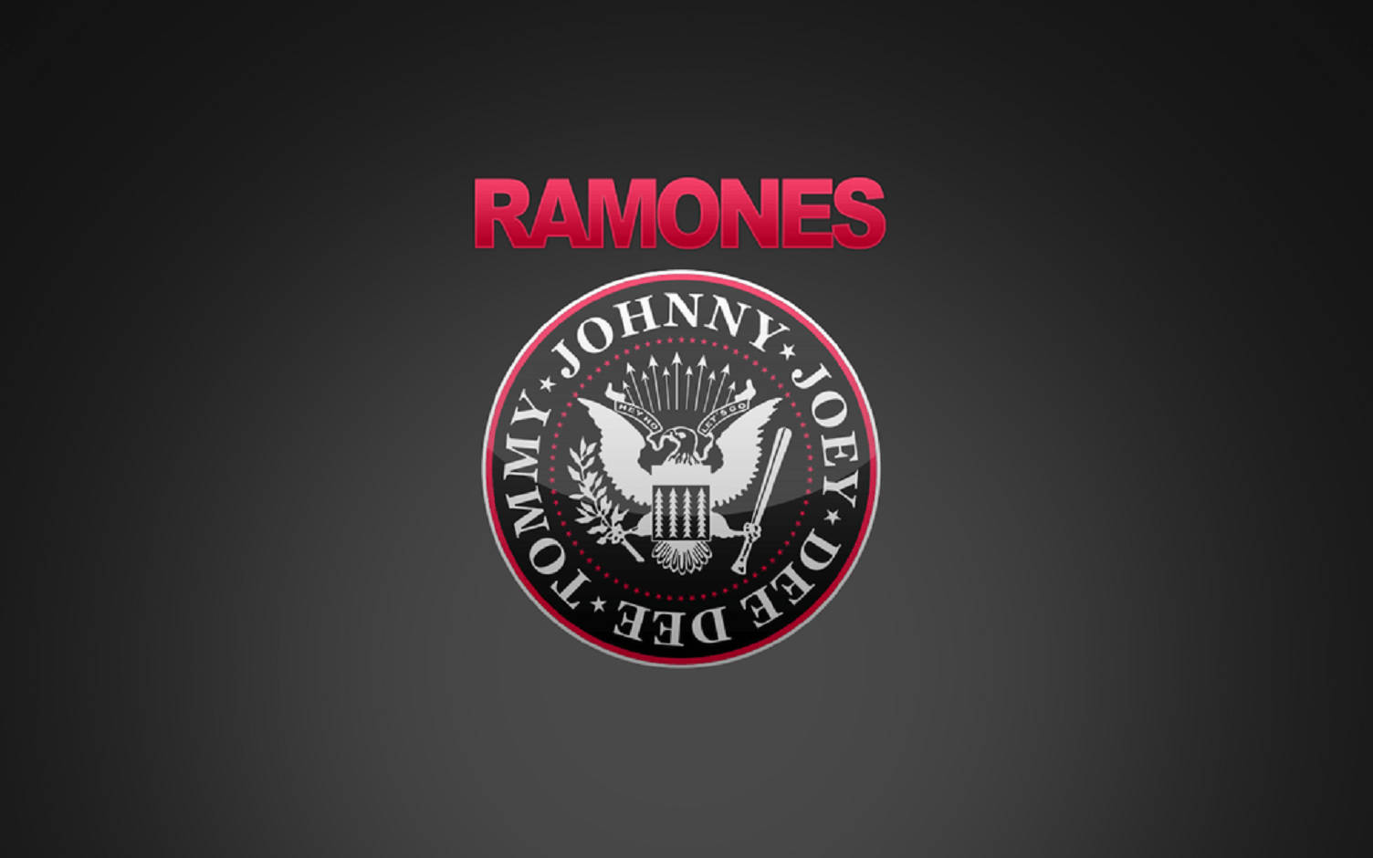 Ramones樂隊標誌，帶有鷹徽章和成員名字，紅黑配色。