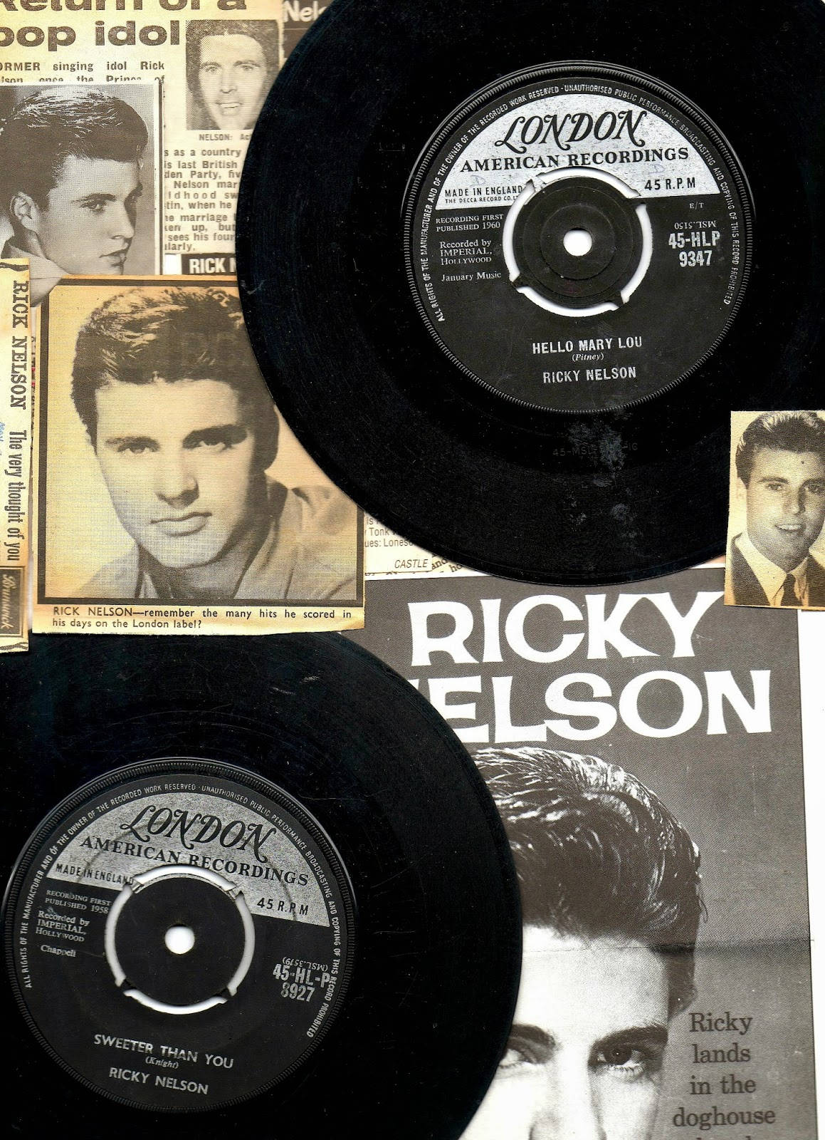 Ricky Nelson黑膠唱片與報紙剪報拼貼。