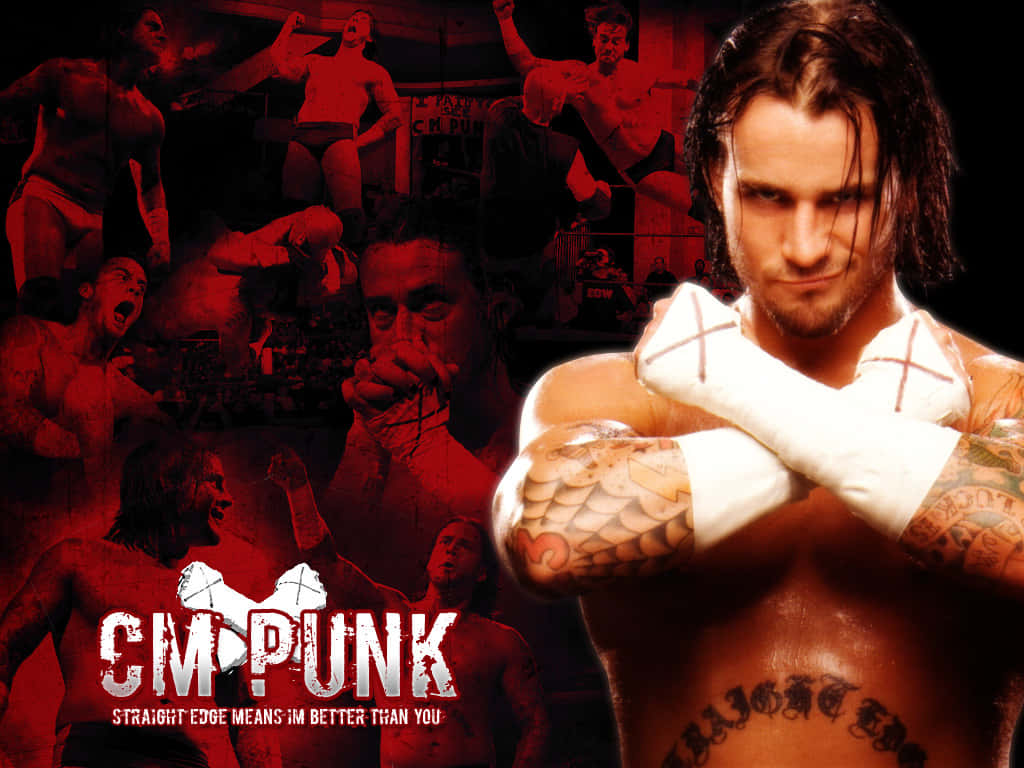 摔角手 CM Punk 交叉雙臂並帶有紋身，被紅色調的動作場景包圍。