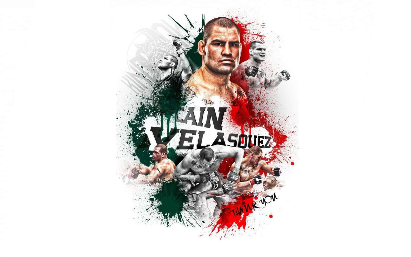Cain Velasquez MMA 拳手拼貼畫，有紅色綠色油漆濺點同感謝文字。