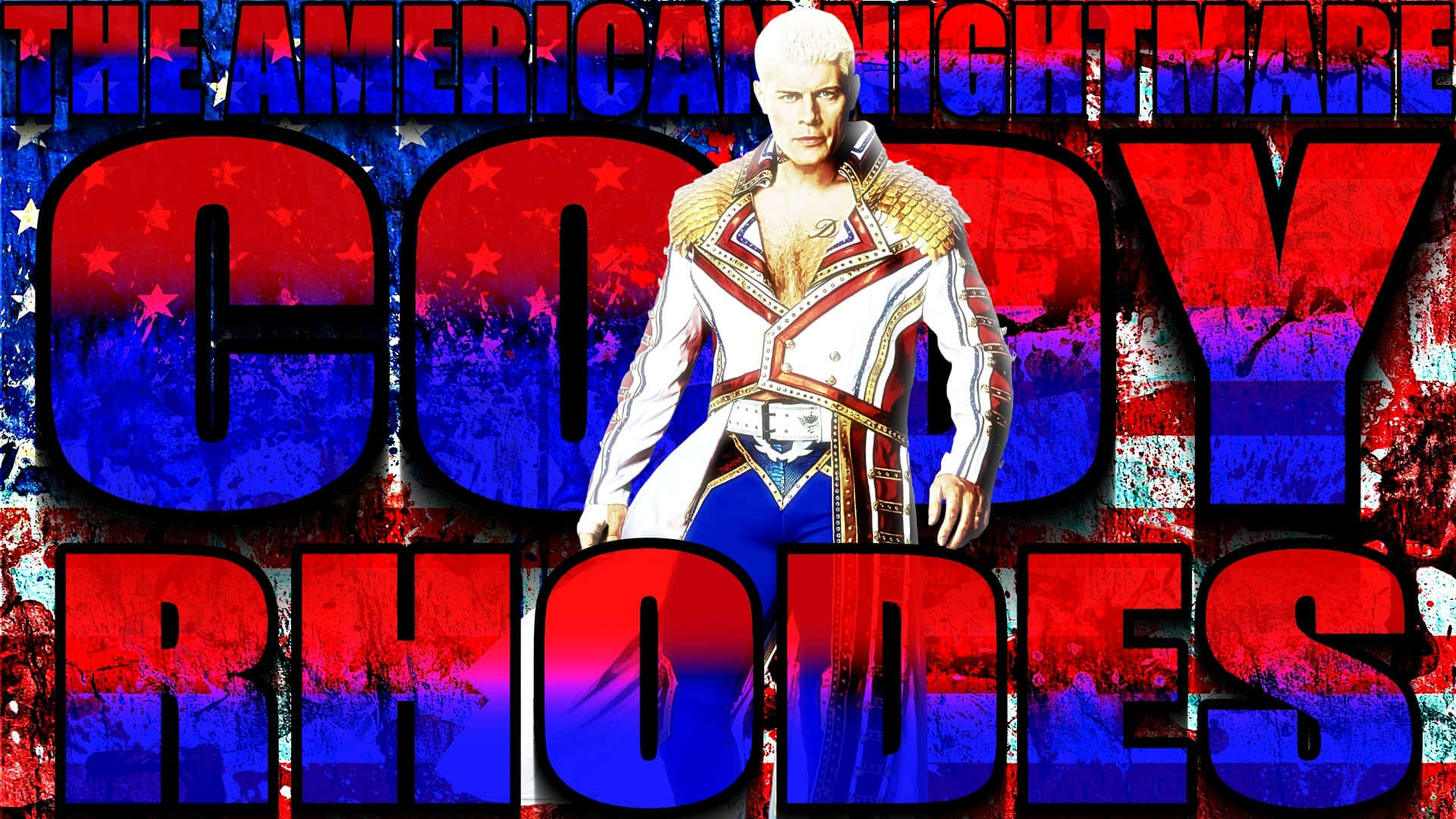 WWE摔角手Cody Rhodes身穿愛國服裝，背景是美國國旗。