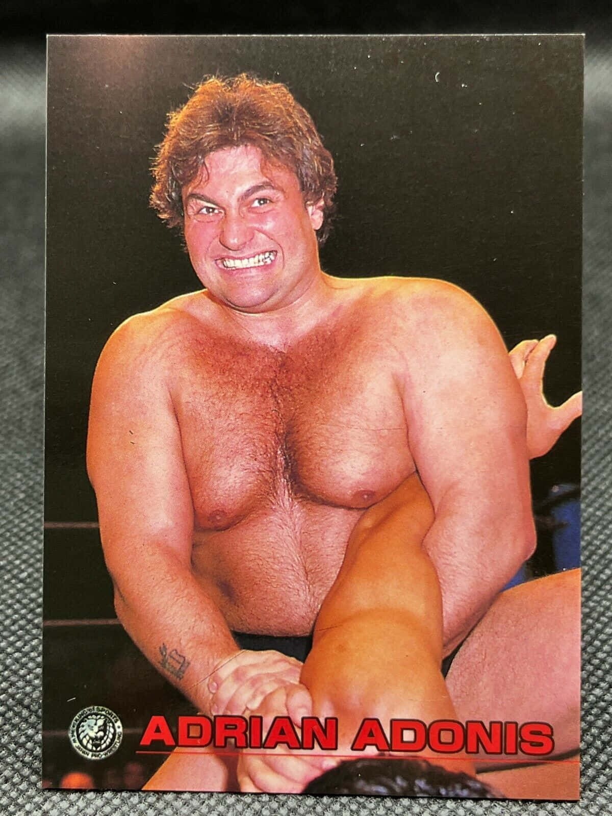摔角手Adrian Adonis在擂台上交叉雙臂微笑。
