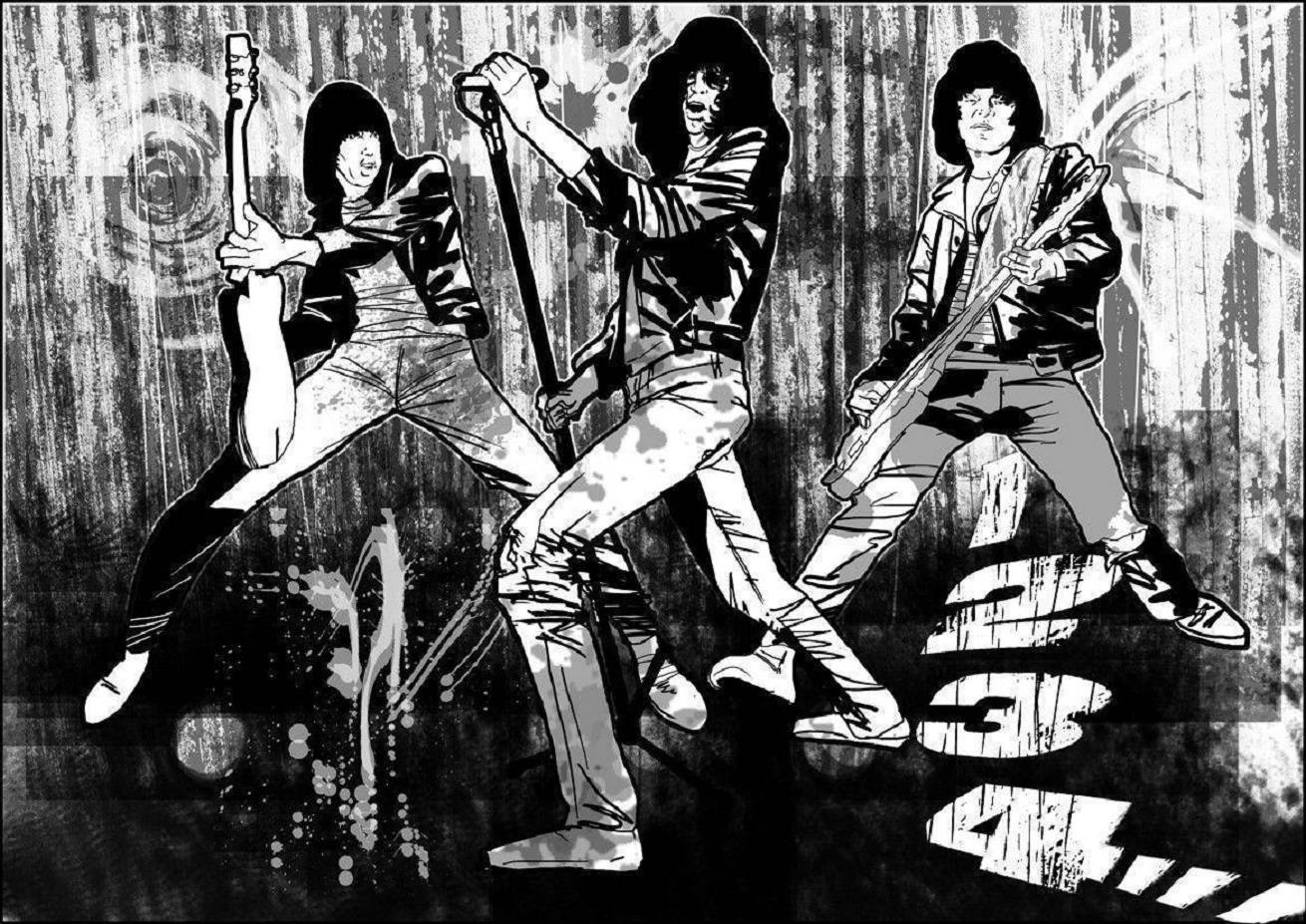 三位搖滾音樂家在黑白插圖中彈奏結他和使用咪高峰表演。