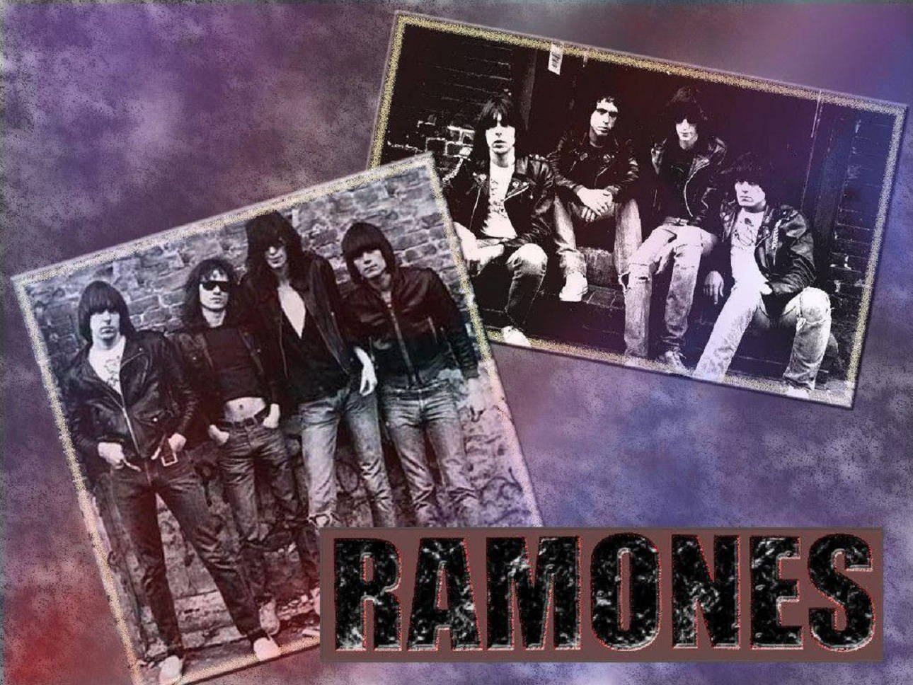 兩張龐克樂團 Ramones 穿著皮夾克的黑白照片。