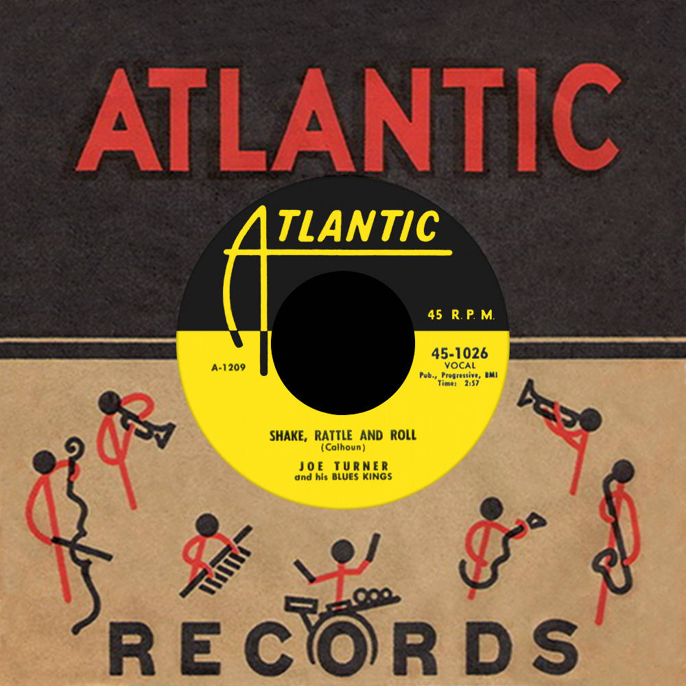 Joe Turner and his Blues Kings 的 Shake Rattle and Roll 的 Atlantic Records 45 RPM 黑膠唱片標籤。