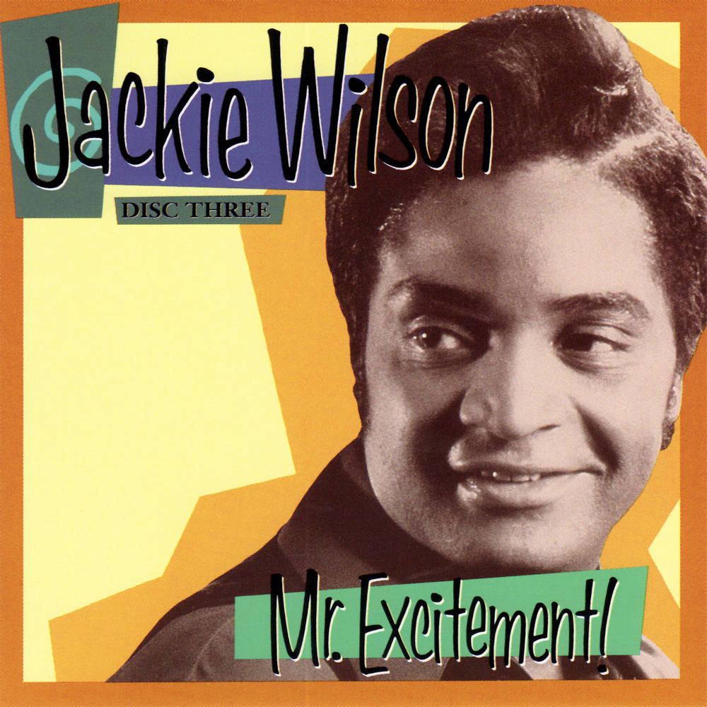 美國歌手Jackie Wilson復古風 壁紙 — Jackie Wilson 在充滿活力的幾何背景前溫暖地微笑，粗體文字宣告著「Mr. Excitement!」