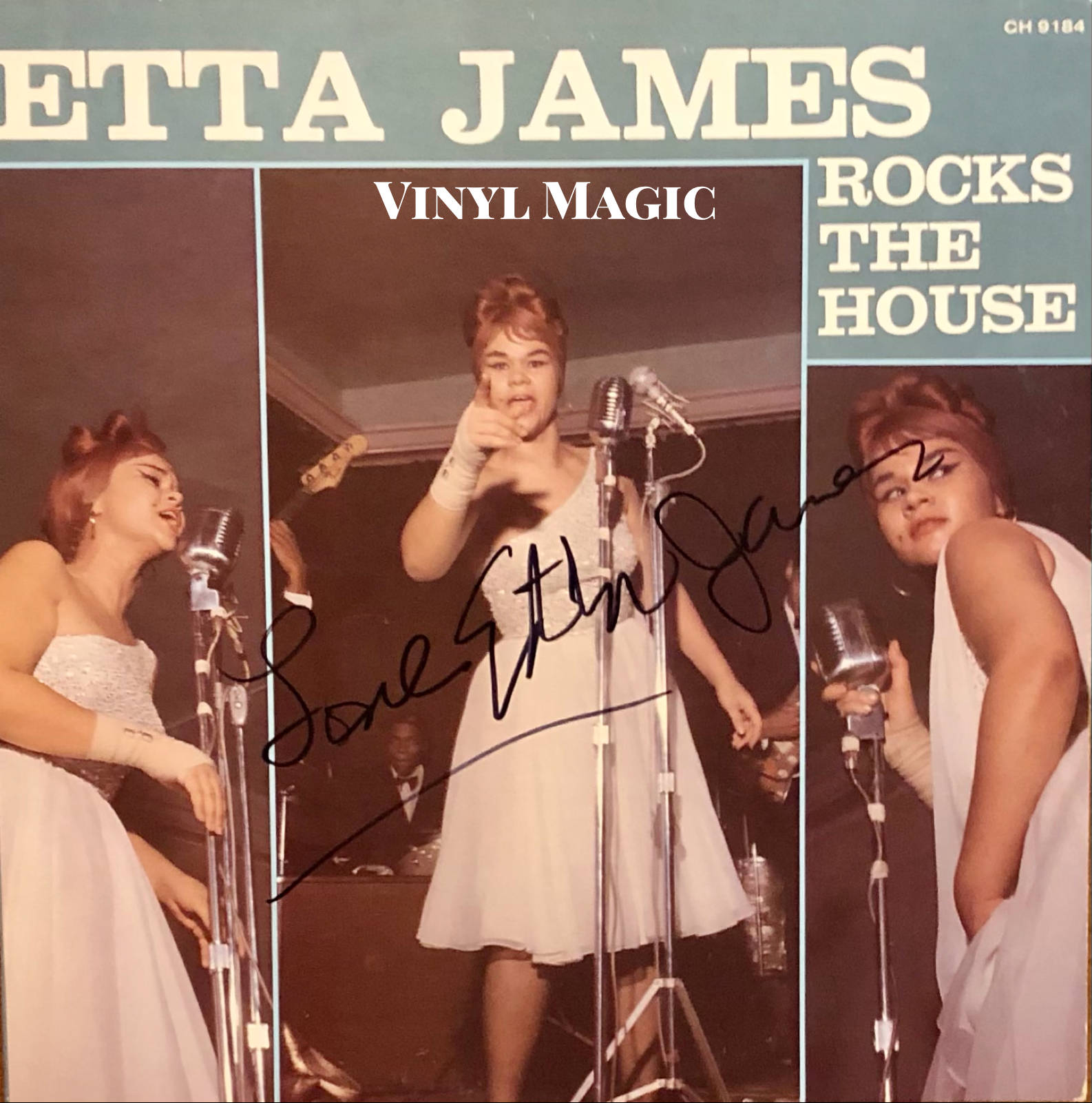 美國歌手艾塔·詹姆斯雜誌封面 壁紙 — Etta James 身穿白色連衣裙，在昏暗的舞台上用復古麥克風表演，簽名專輯封面帶有「Vinyl Magic Rocks the House」字樣。