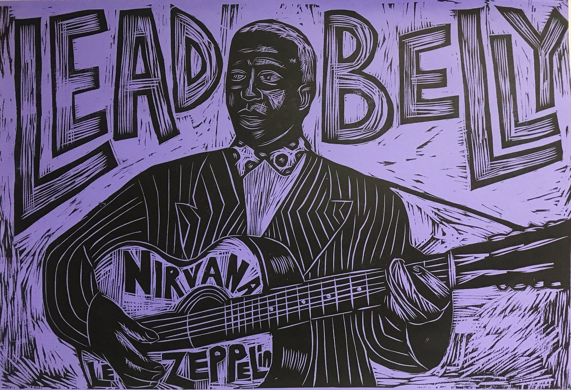 Lead Belly 手持結他，帶有樂隊標誌，採用紫色麻膠版畫風格。