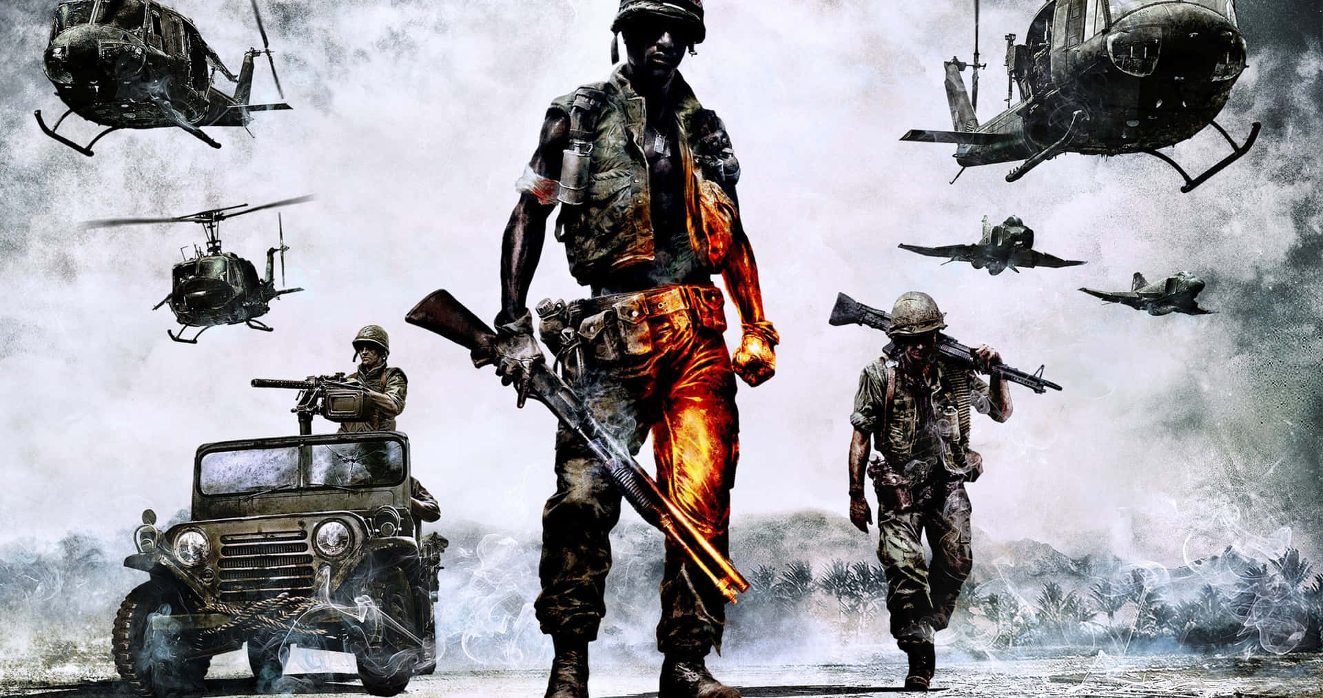 持武器的士兵站在有直升機和吉普車的戰區中。