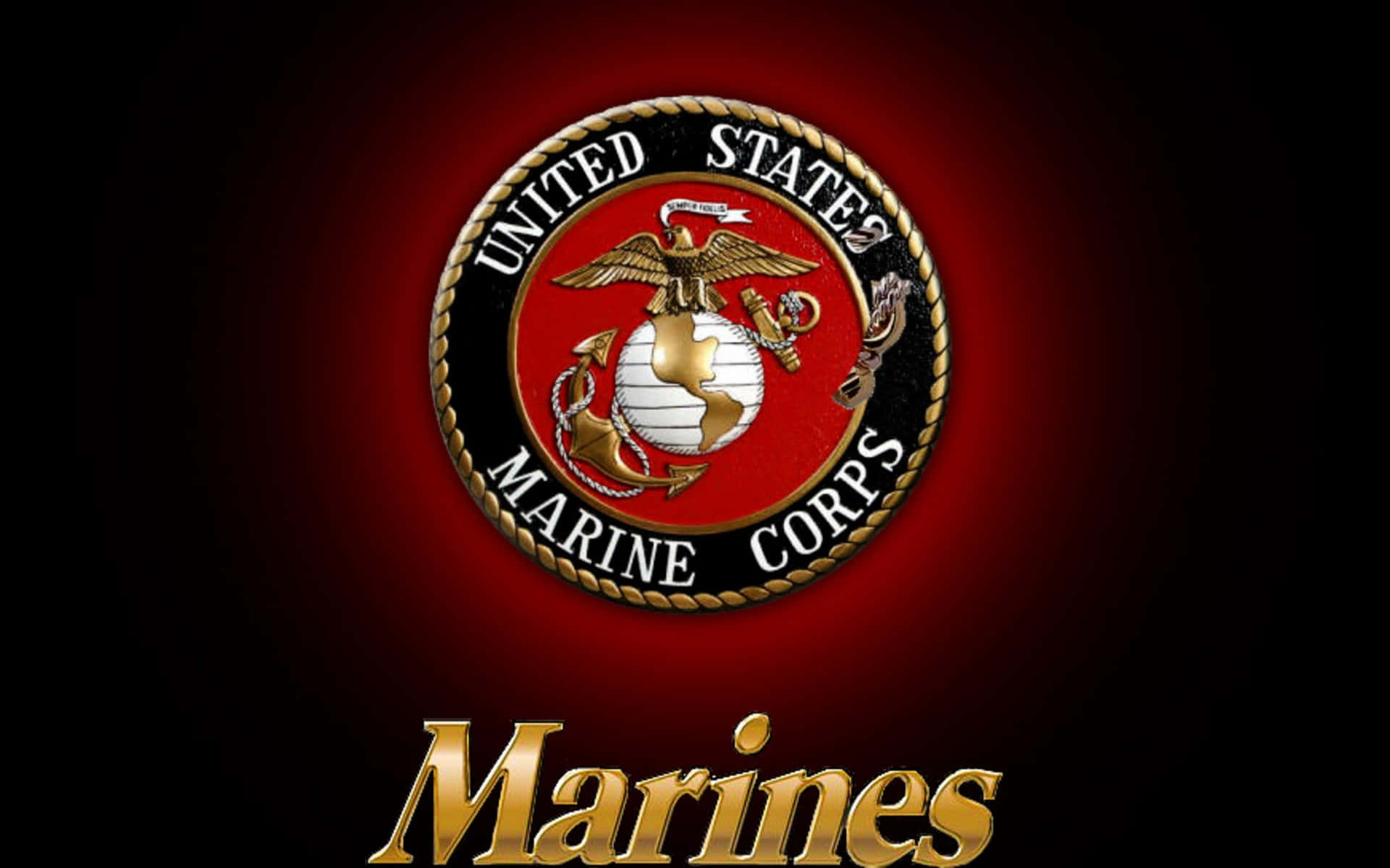 美國海軍陸戰隊：永遠忠誠 壁紙 — 美國海軍陸戰隊徽章在深色漸變背景上閃耀金色和紅色，下方有「Marines」字樣。