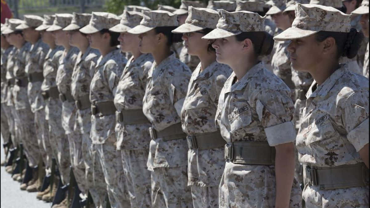 身穿沙漠迷彩制服的女海軍陸戰隊員在戶外列隊。