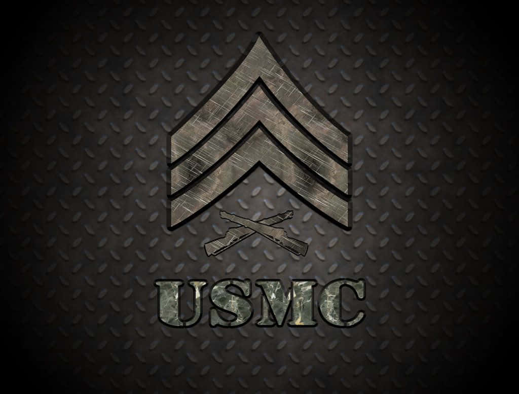 USMC 中士徽章，帶有交叉步槍，位於紋理金屬表面。