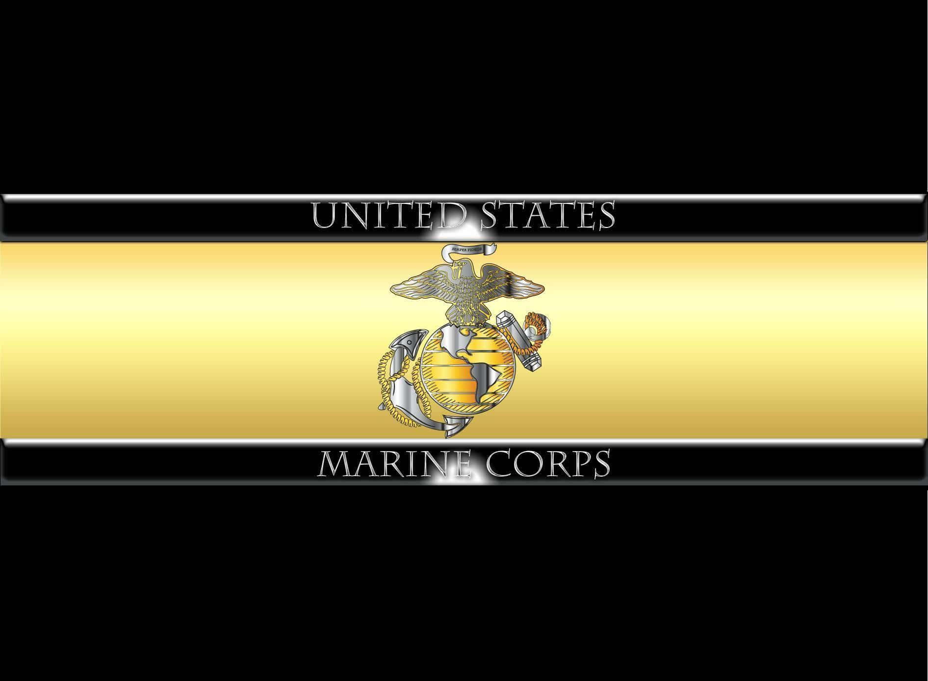 Marine 桌布 壁紙 — 美國海軍陸戰隊徽章在黑色背景上以金色和銀色閃耀，並配有粗體文字。