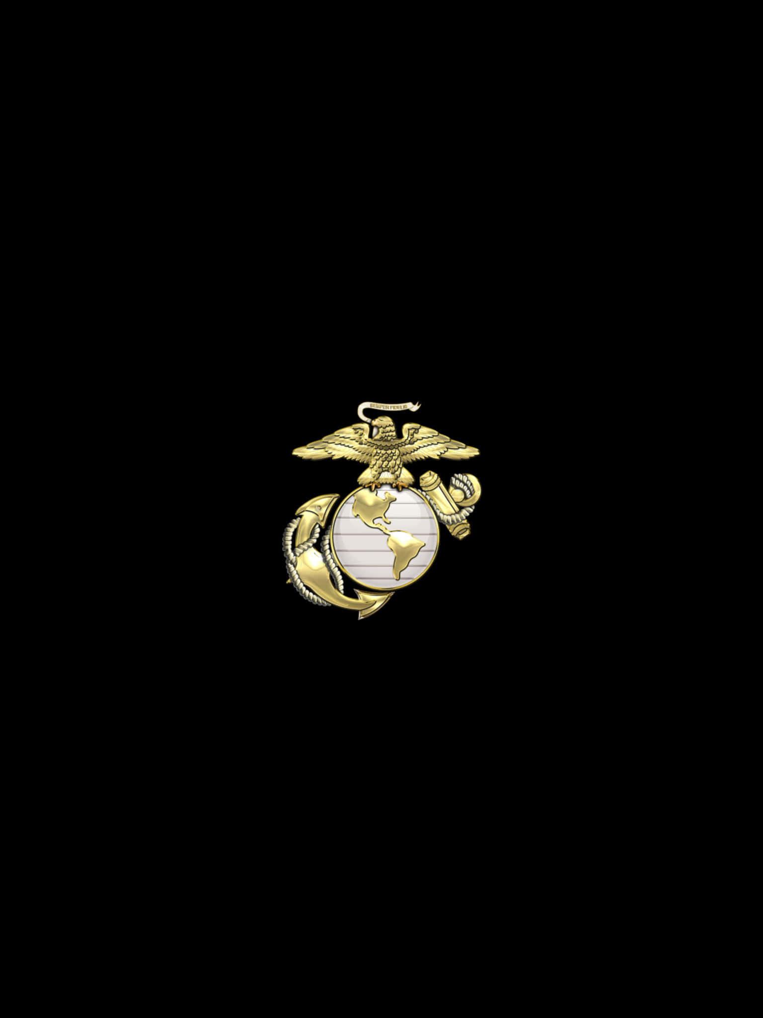 美國海軍陸戰隊成員準備執行任務 壁紙 — 一個閃閃發光嘅金色美國海軍陸戰隊徽章，置於純黑色背景中央。