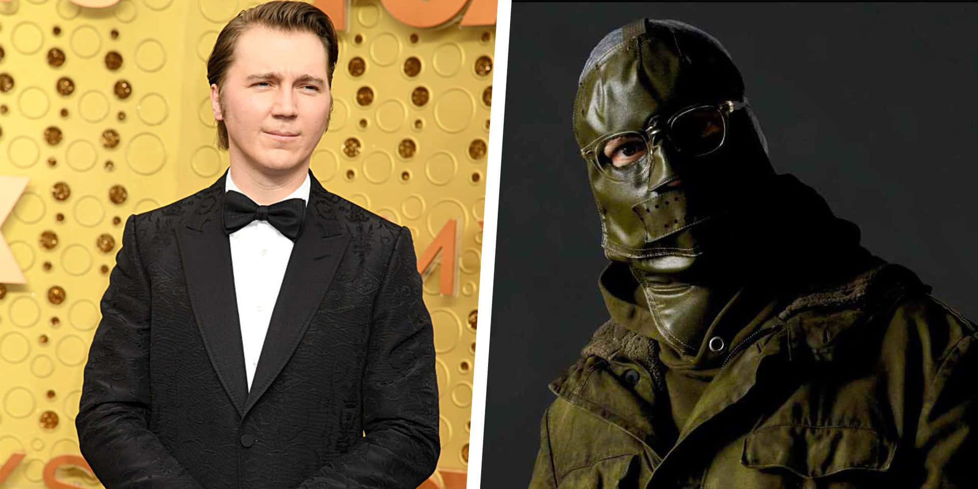 身穿燕尾服的男士與綠色裝備的蒙面人物的分割肖像。