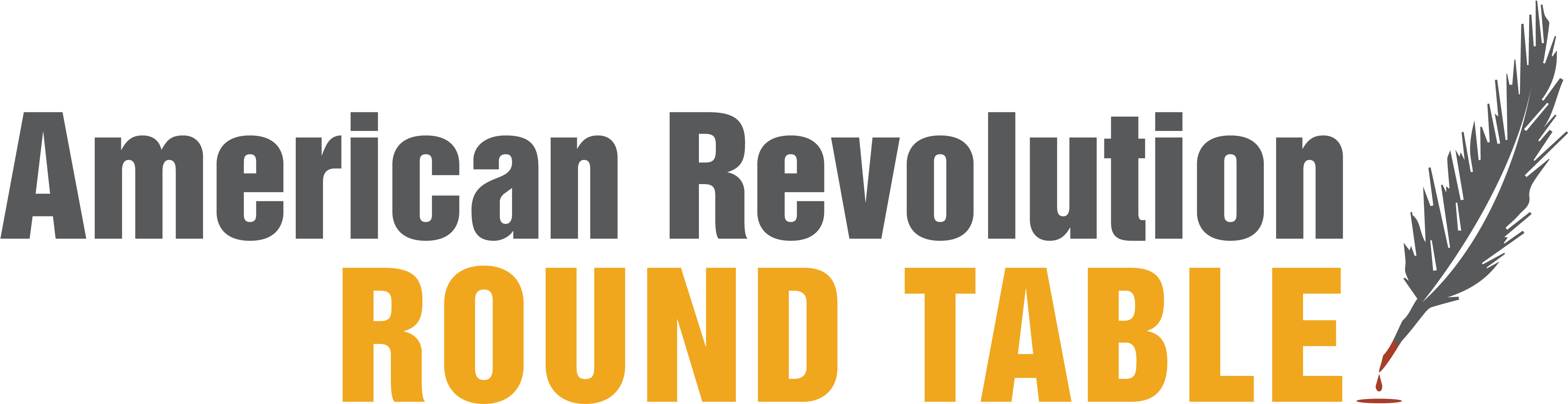 美國獨立戰爭圓桌標誌 壁紙 — 粗體文字顯示 American Revolution Round Table，旁邊有一支灰色羽毛在黑色背景上滴墨。