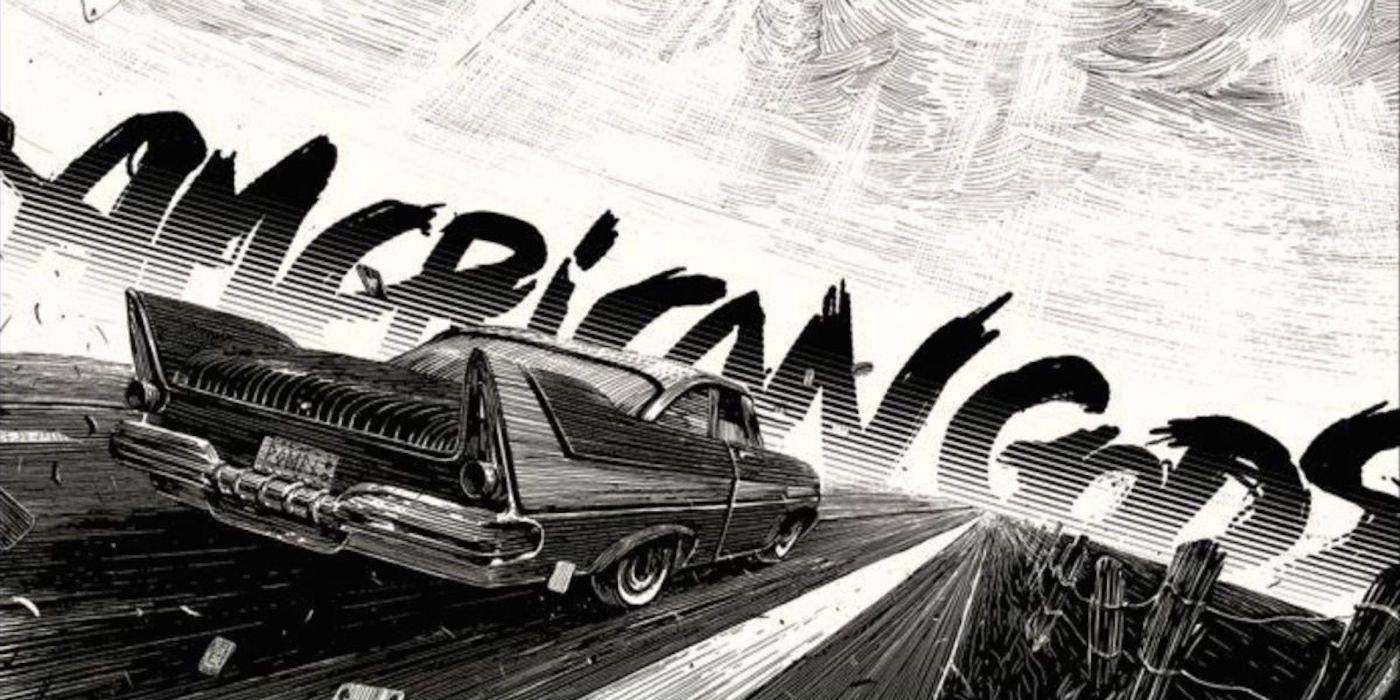 復古美國車在沙漠公路上疾馳，帶有 'AMERICAN GODS' 文字。