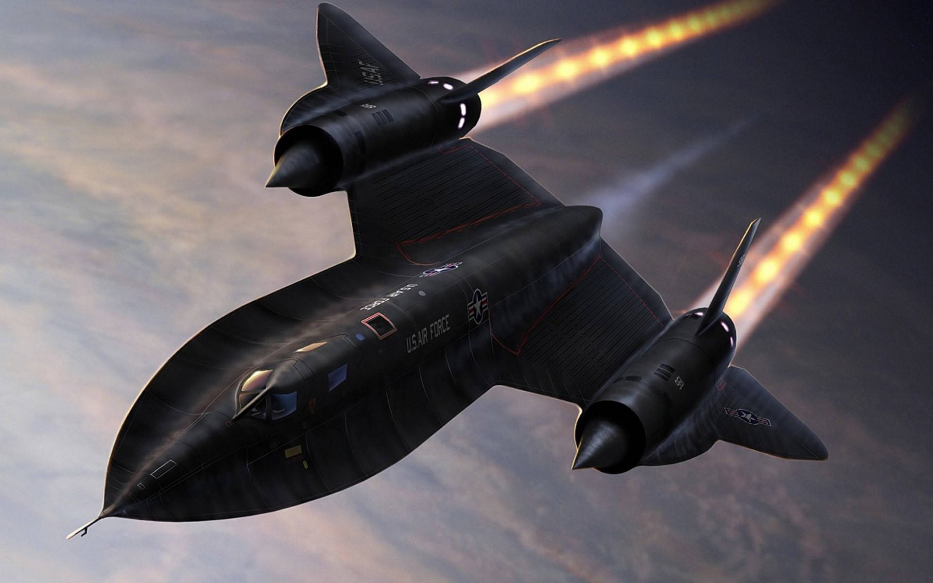 美國空軍 SR-71 壁紙 — 一架時尚的黑色SR-71黑鳥噴射機在暮色天空中翱翔，留下熾熱的凝結尾跡。
