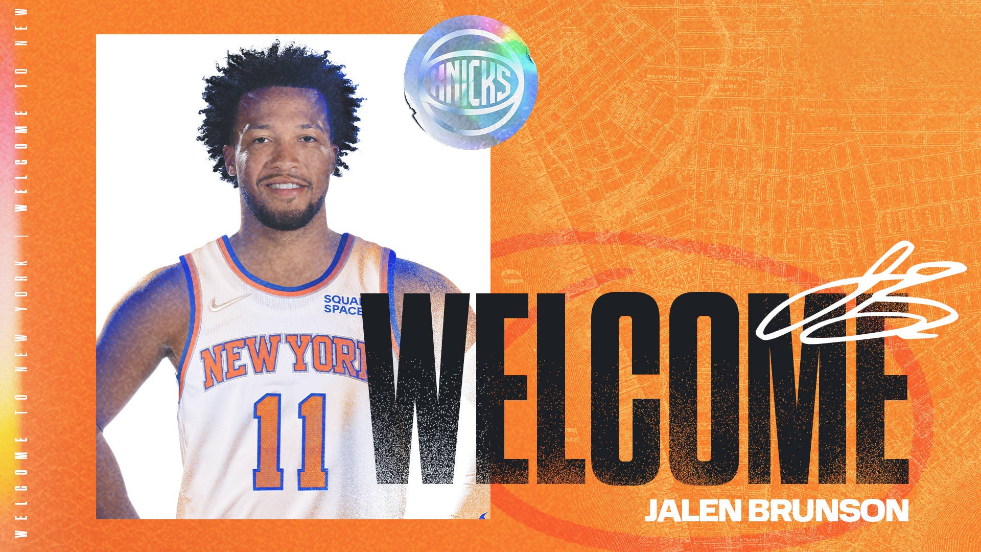 身穿紐約人隊球衣的籃球運動員Jalen Brunson與歡迎圖案。