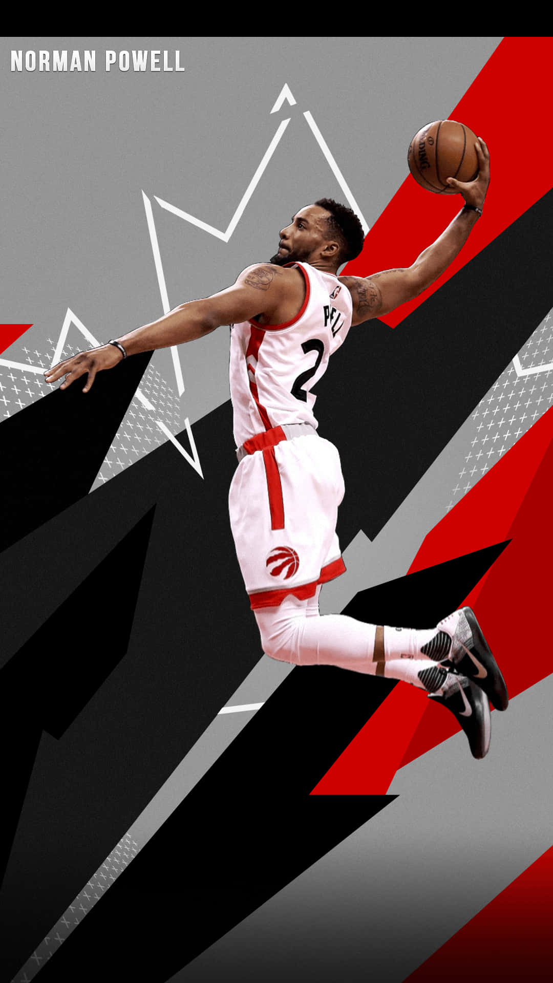 Norman Powell 喺空中入樽，背景係大膽嘅幾何圖案。