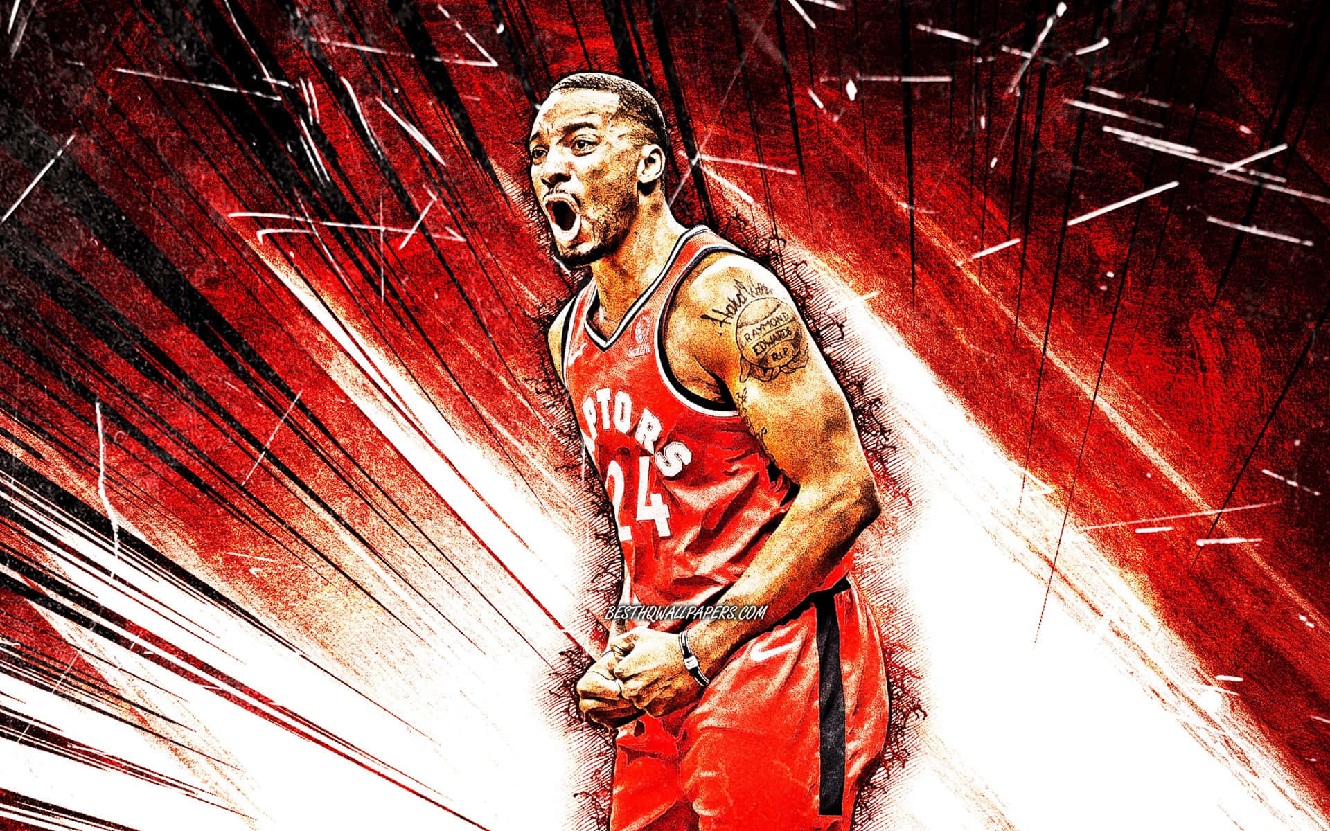 身穿紅色Raptors球衣的籃球運動員，帶有動態運動線條在大喊。