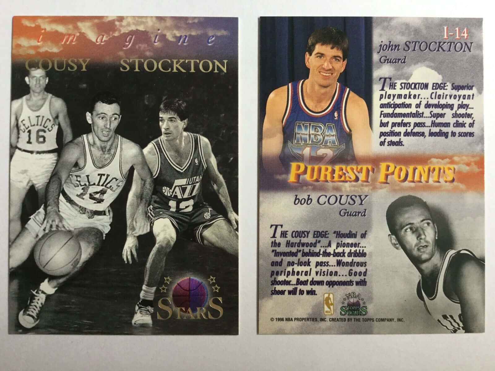 美國籃球運動員鮑勃·庫西 壁紙 — 復古NBA球星卡，展示籃球傳奇人物John Stockton和Bob Cousy的動作姿勢，附有球隊球衣和統計數據。