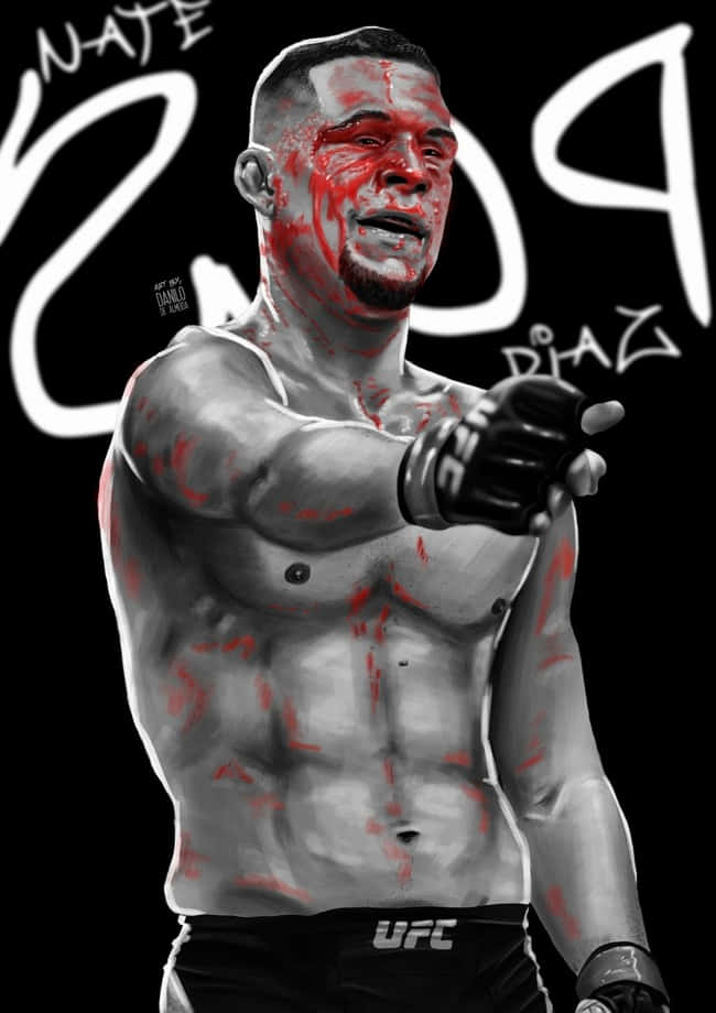 滿身鮮血的 UFC 拳手 Nate Diaz 在數位插圖中向前指。