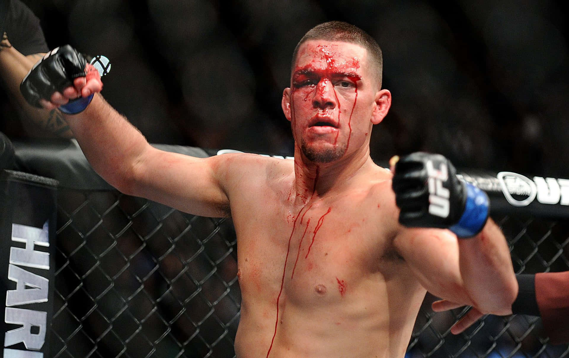 MMA拳手滿臉鮮血在UFC八角籠中慶祝勝利。