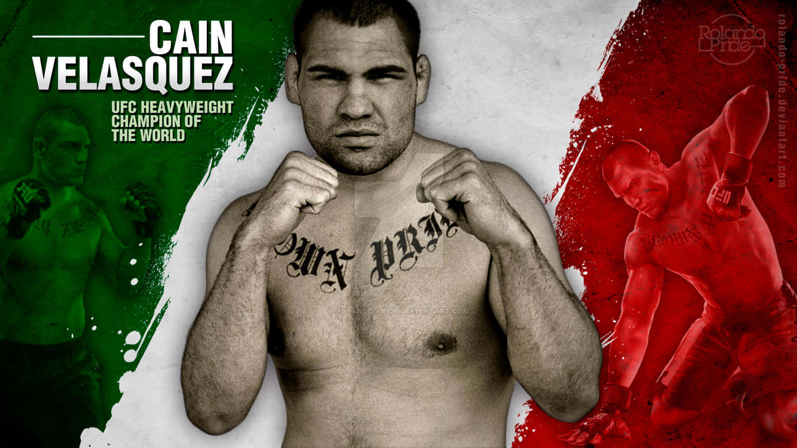 MMA拳手Cain Velasquez以戰鬥姿勢，背景為綠色和紅色。