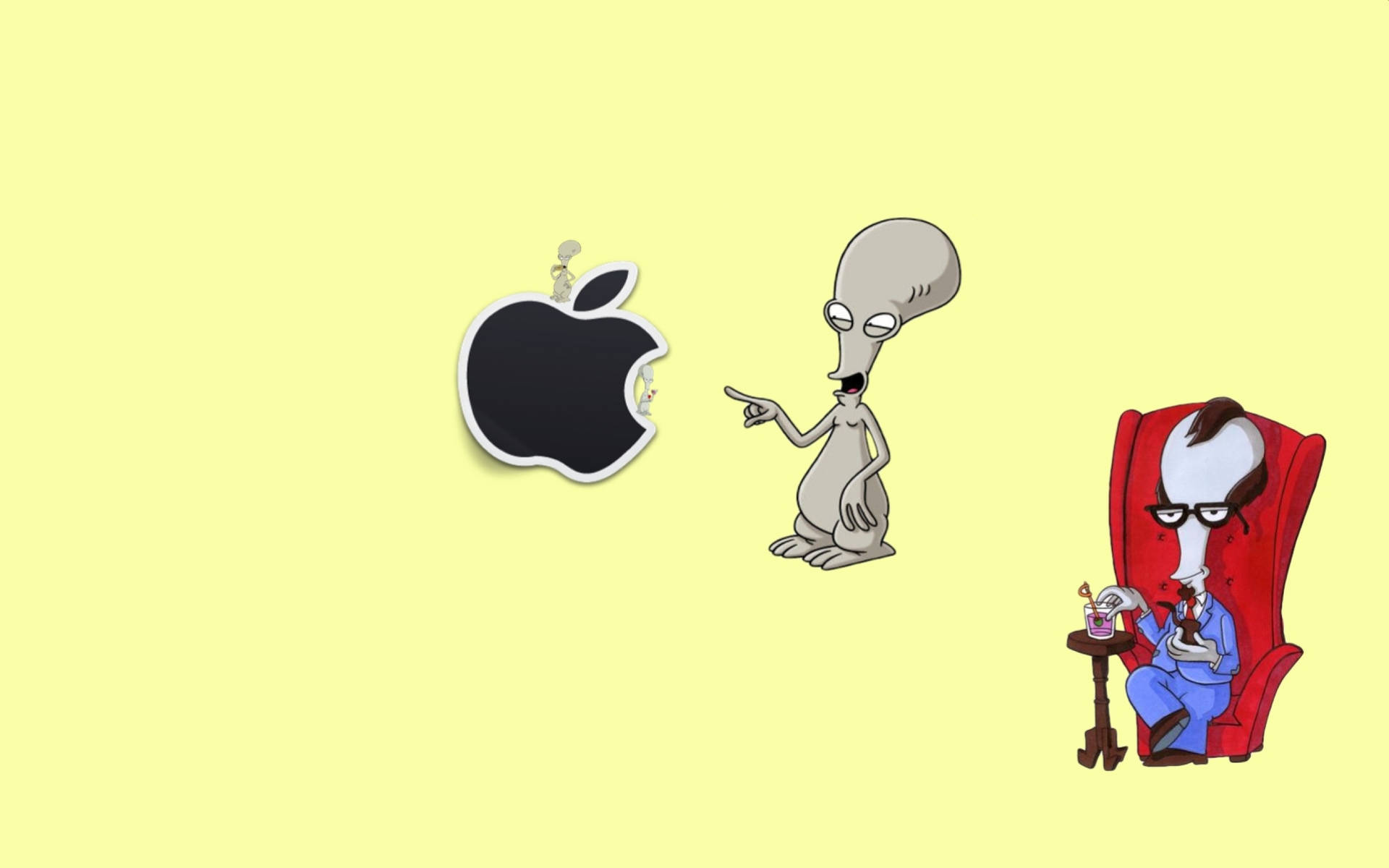 《阿森一族》的外星角色指向黃色背景上的Apple標誌。