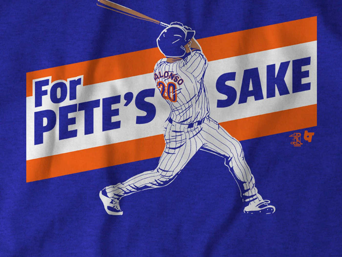 棒球運動員在藍色T恤上揮棒，上面有「For Pete's Sake」文字。