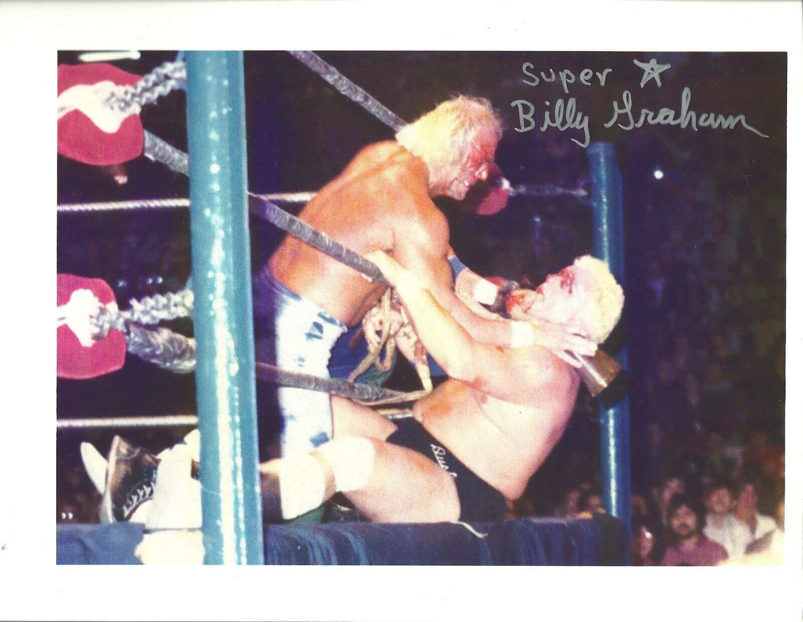 美國職業摔角手 Billy Graham 與 Dusty Rhodes 簽名照 壁紙 — 兩名肌肉發達的摔角手在明亮的燈光下於擂台上激烈纏鬥，觀眾在旁觀看。