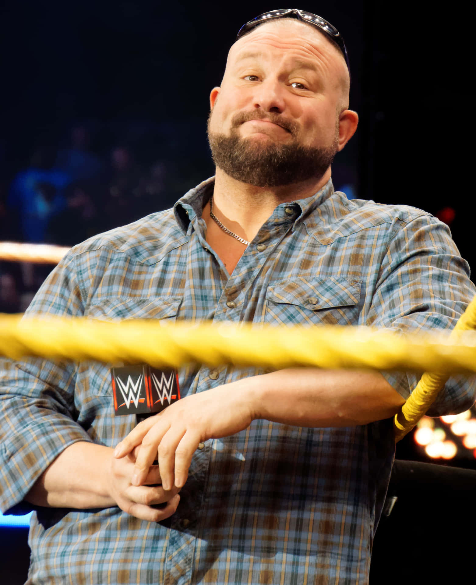 美國職業摔角手 Bubba Ray Dudley 壁紙 — 一位光頭鬍鬚摔角手身穿格仔恤衫，自信地微笑靠在摔角擂台繩索上。