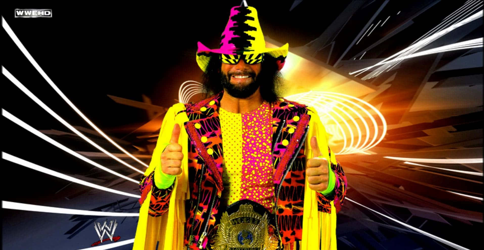 WWE 摔角手身穿色彩繽紛的服裝，帶著冠軍腰帶豎起兩個大拇指。