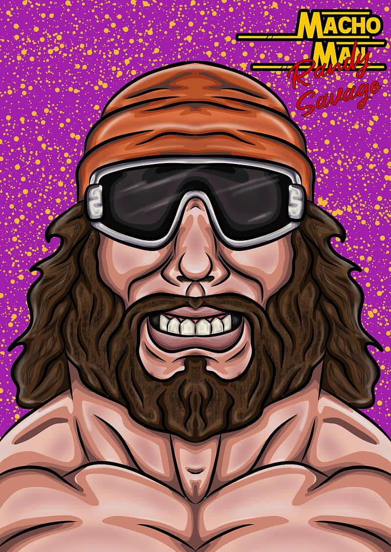 卡通摔角手 Macho Man Randy Savage 戴著護目鏡和鬍鬚，背景是斑點紫色。