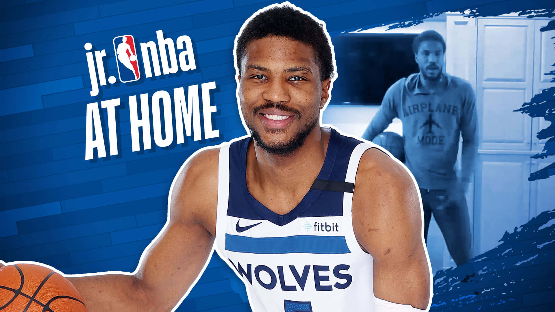 NBA球員身穿狼隊球衣，手持帶有「jr nba AT HOME」字樣的籃球。
