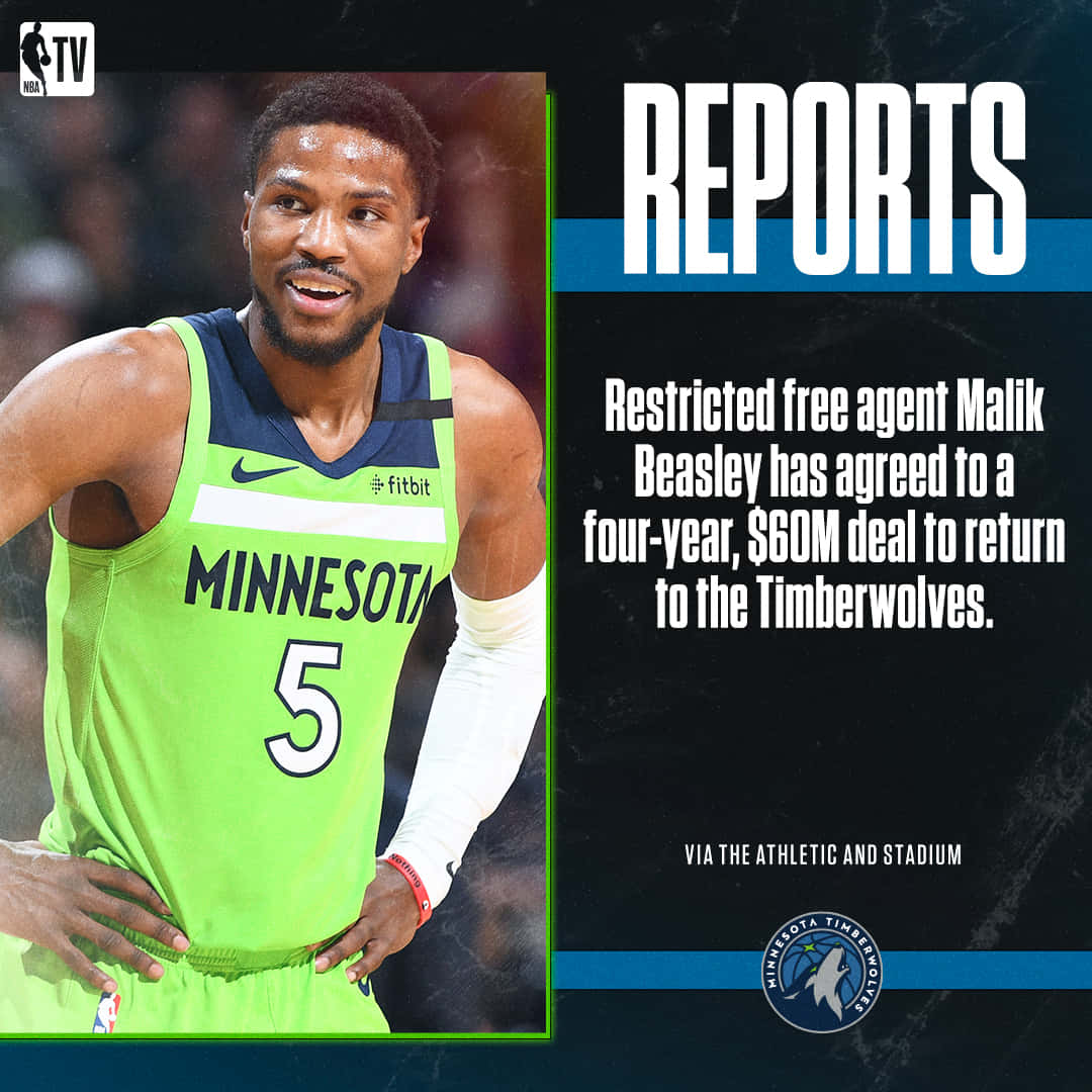 美國職業籃球員馬利克·比斯利報導 壁紙 — 籃球運動員 Malik Beasley 身穿螢光綠色明尼蘇達木狼隊球衣，在比賽中微笑。