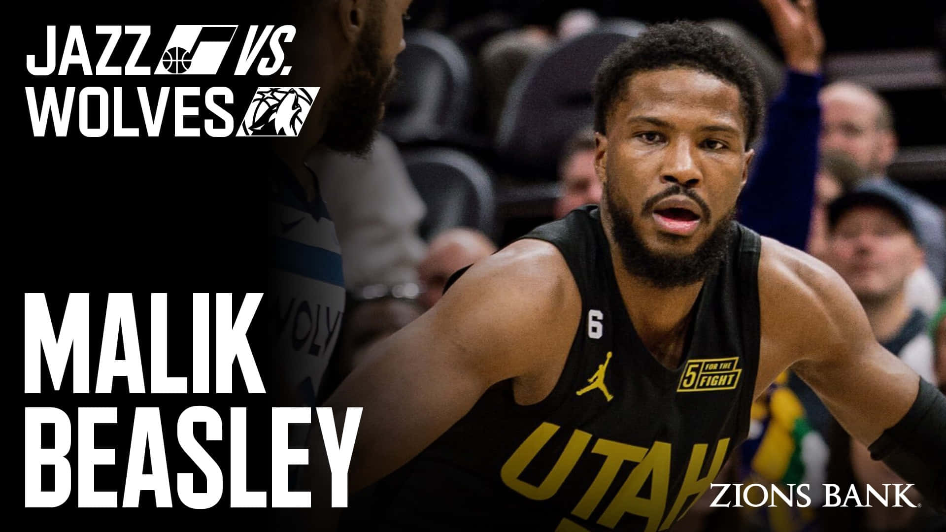 美國職業籃球員馬利克·比斯利比賽海報 壁紙 — Malik Beasley 身穿猶他爵士隊球衣，在籃球比賽中專注投入，帶有「Jazz vs Wolves」文字覆蓋。