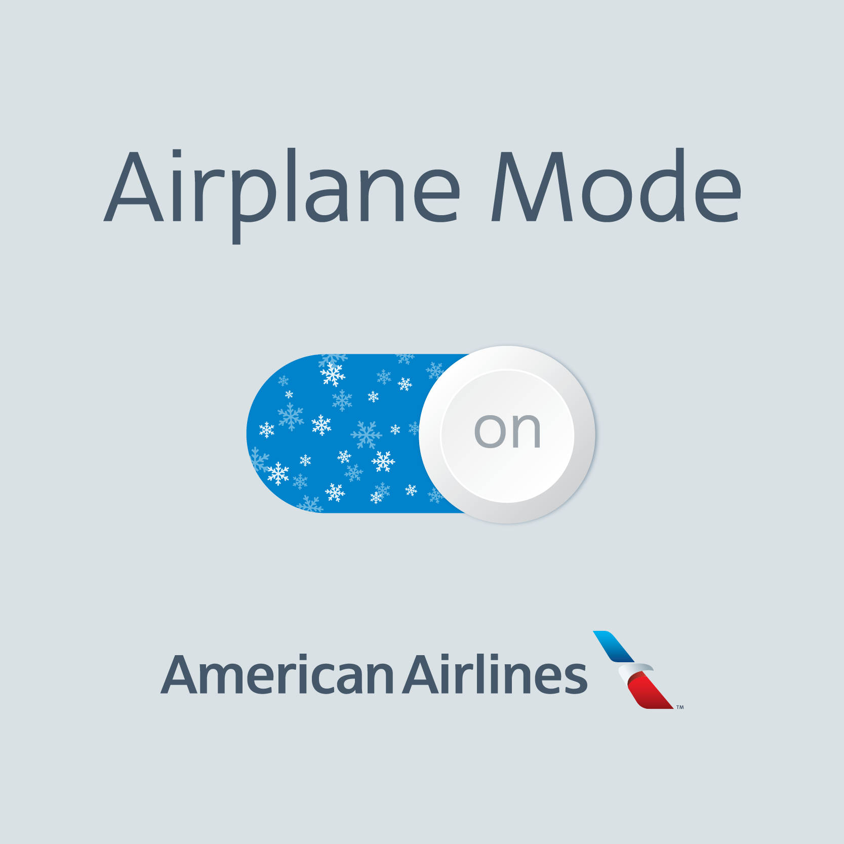 美國航空飛機模式 壁紙 — 數碼圖形顯示已開啟的飛行模式開關，帶有雪花圖標和美國航空品牌標誌。