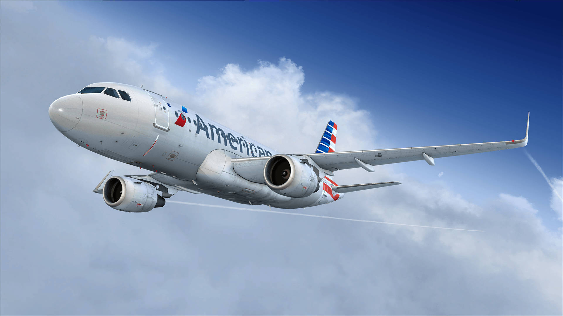 美國航空飛機翱翔天際 壁紙 — 一架銀色美國航空噴射機在明亮的藍天中翱翔，引擎後拖著蓬鬆的白雲。