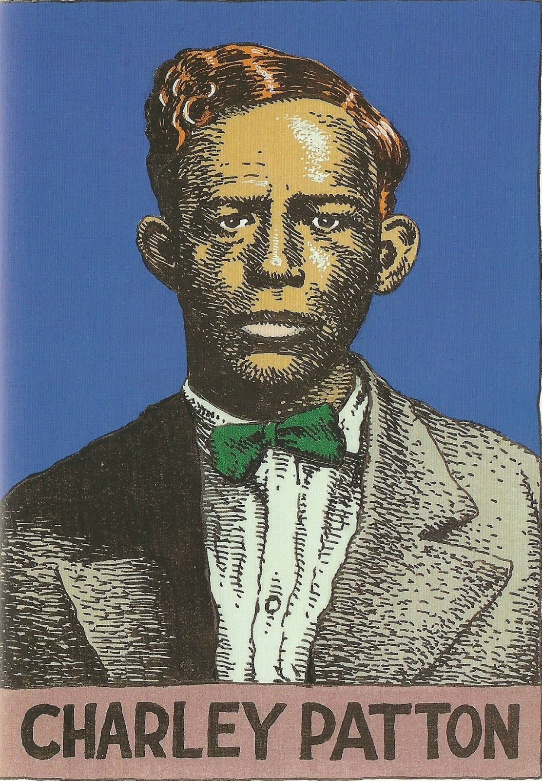 美國藍調音樂家查理·帕頓 壁紙 — Charley Patton 的風格化肖像，身穿西裝和綠色領結，背景為純藍色，下方有文字。