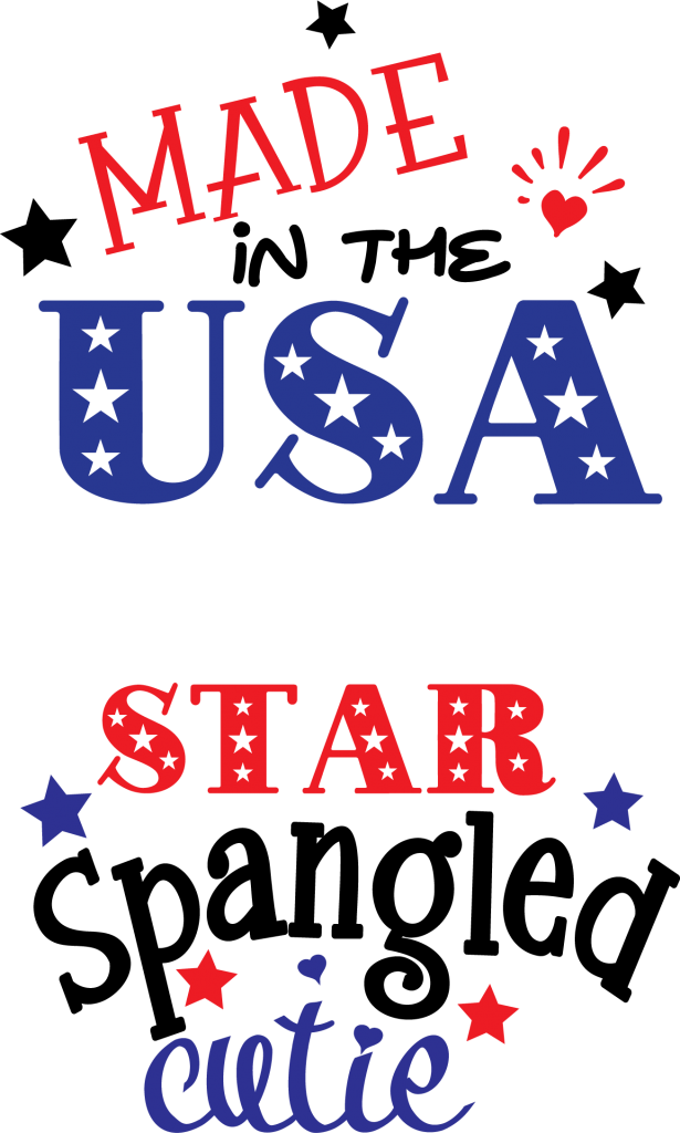 美國製造星條旗可愛慶祝 壁紙 — 大膽的紅藍白愛國文字顯示 made usa star cutie，帶有星星、心形和風格化字體，背景為黑色。