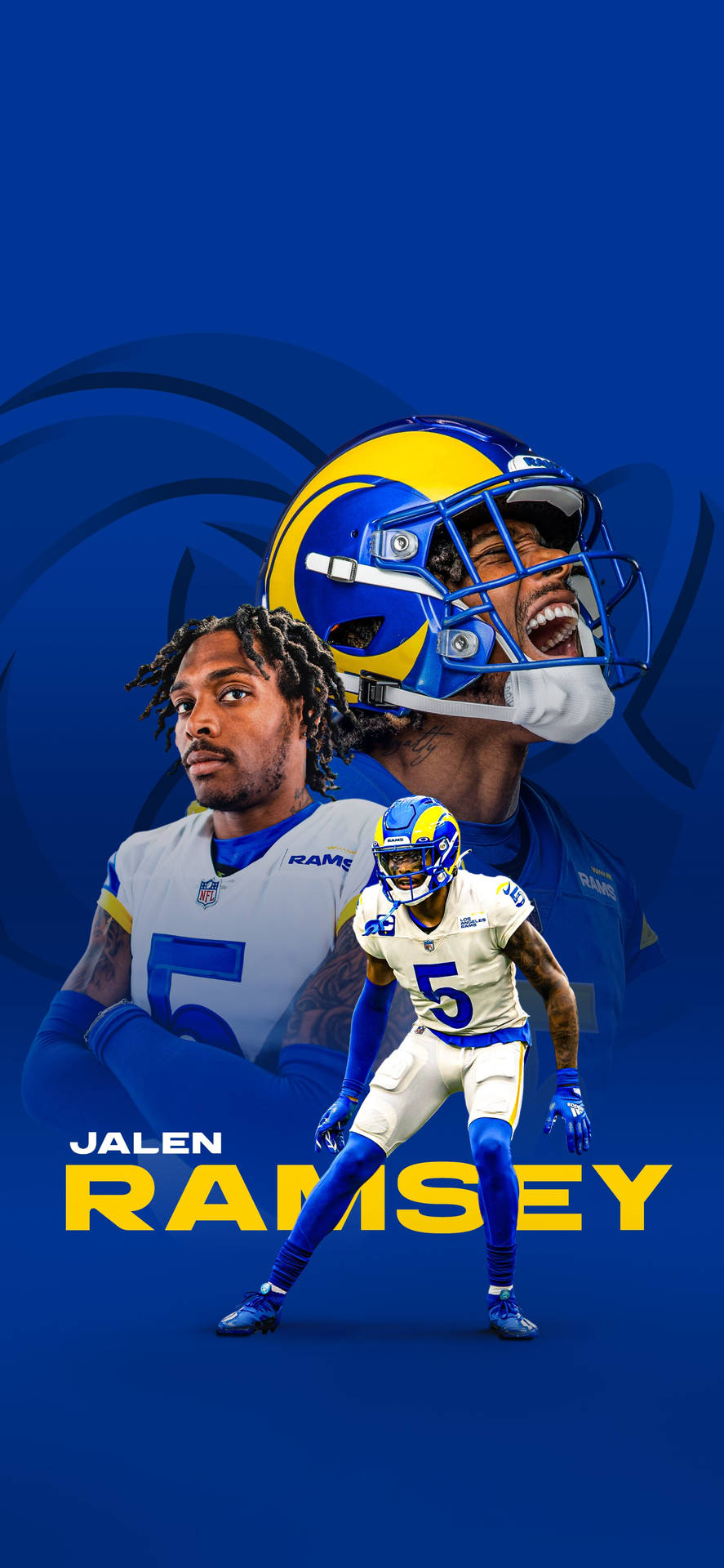 NFL球員Jalen Ramsey身穿Rams裝備，在藍色背景前自信擺姿勢。